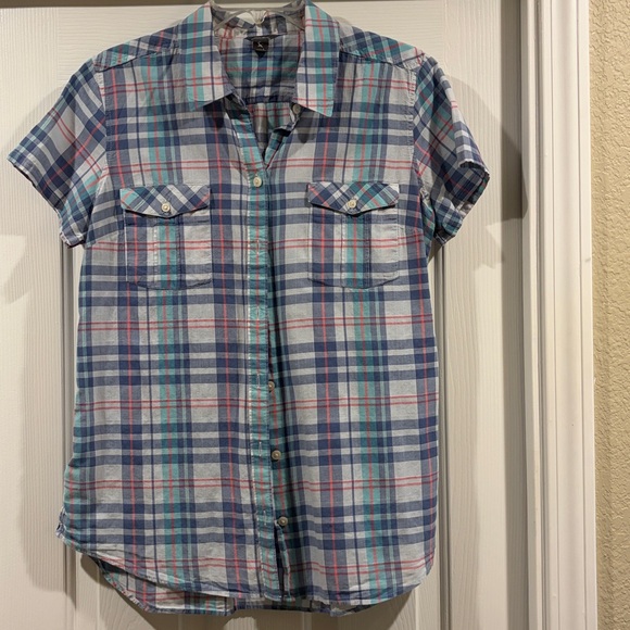 Tops - Eddie Bauer Plaid Short-Sleeve Button-Up Shirt - Blue/Teal size L Womens
